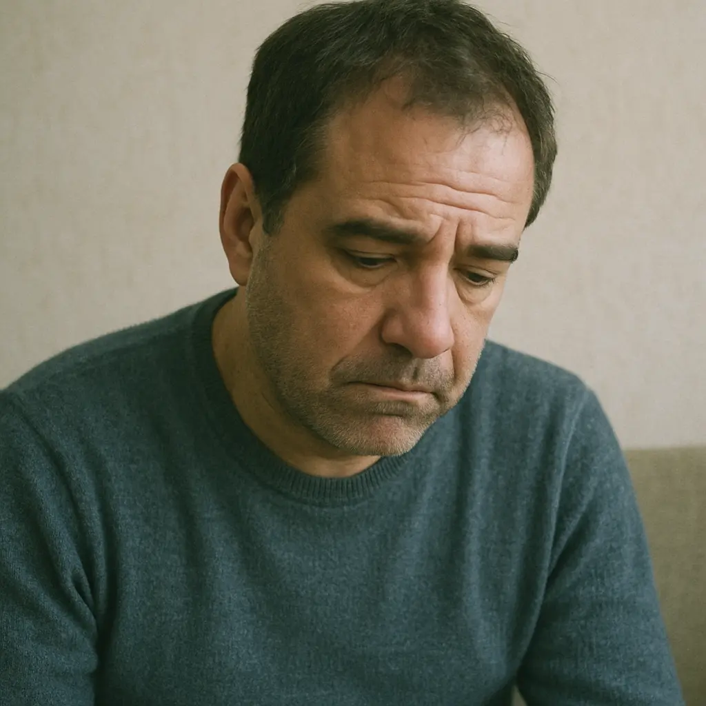 Homem de meia-idade com expressão triste ou preocupada, olhando para baixo